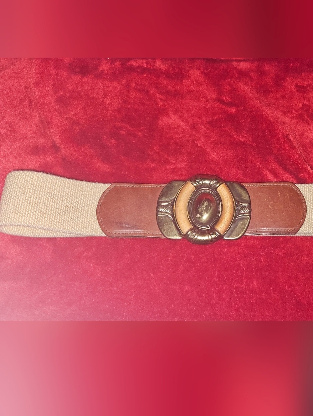 Omega Vintage Boho Beige Canvas Belt w/Brown Leather & Brass Buckle-Size M/L - Picture 4 of 5